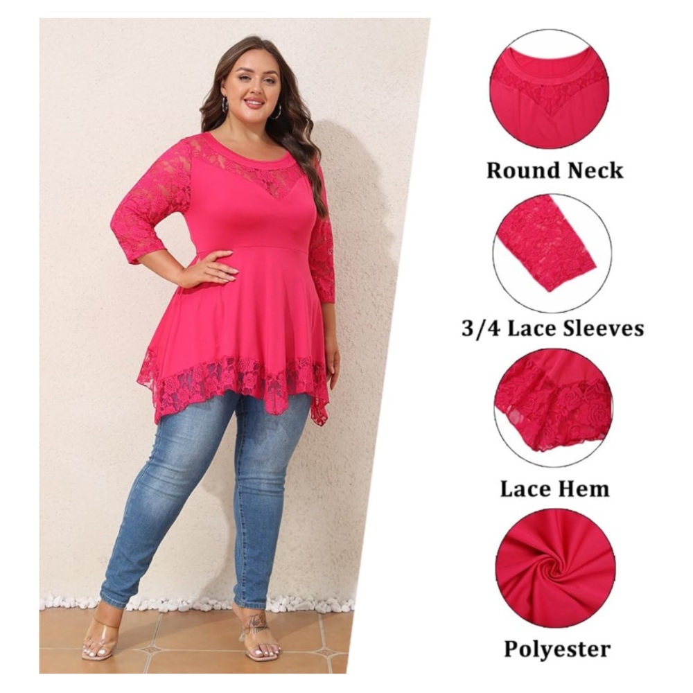 Curvy 5X  3/4 Sleeve-Tunic Tops Casual Blouse Pink Lace  5X
